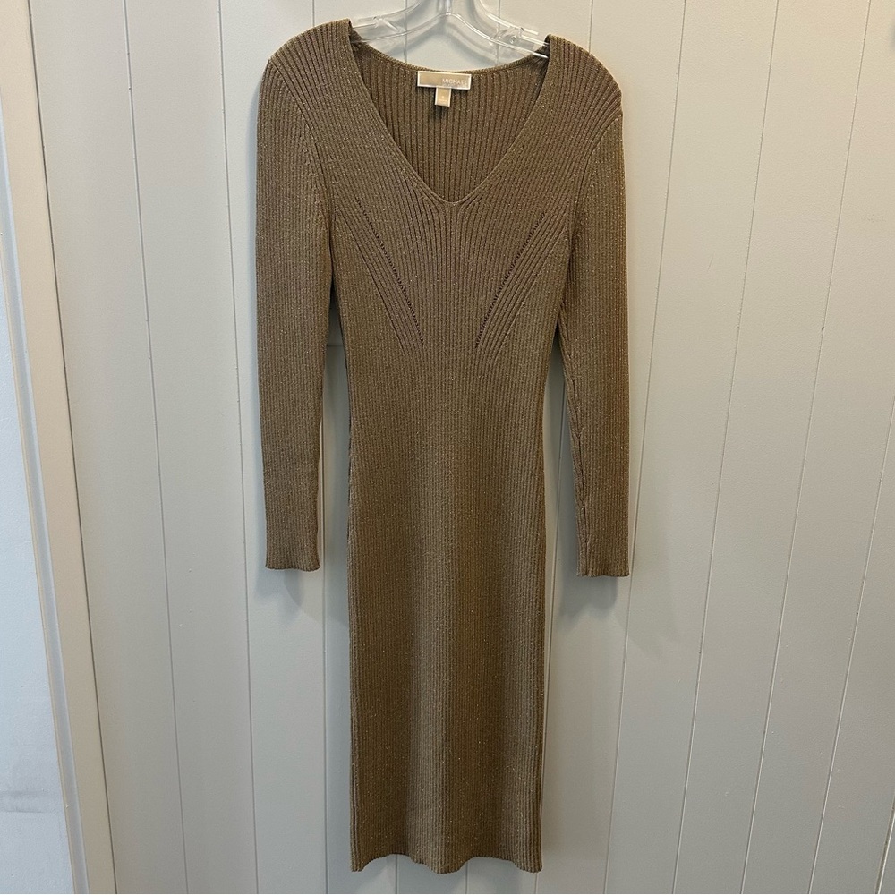 Michael Kors women's metallic gold ribbed sweater dress bodycon size small
